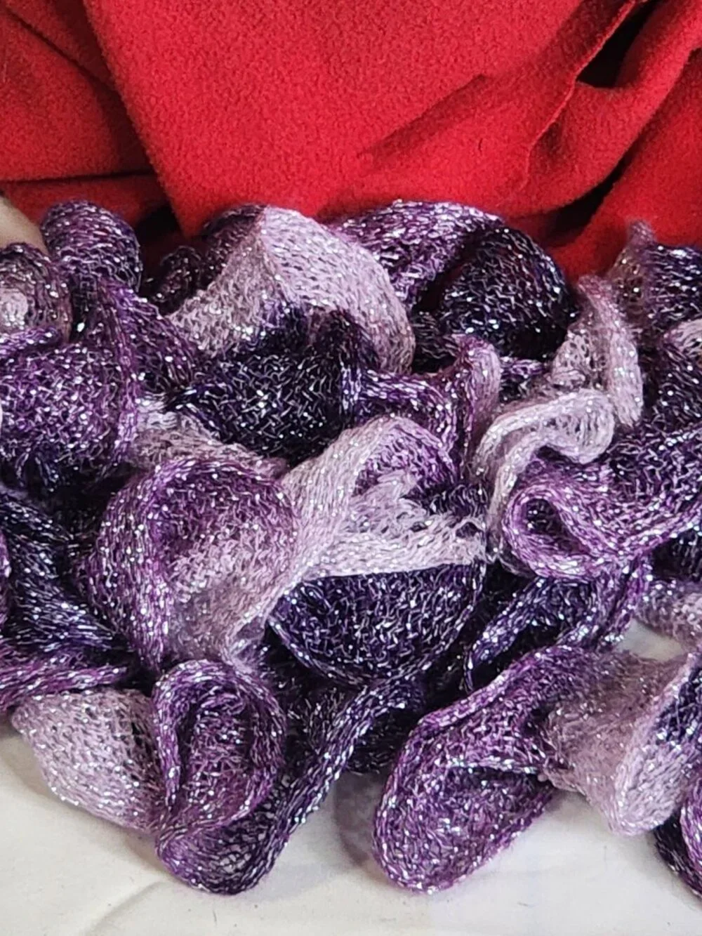 Handmade Crochet Purple and Lilac with Metallic Silver Threads Throughout Scarf